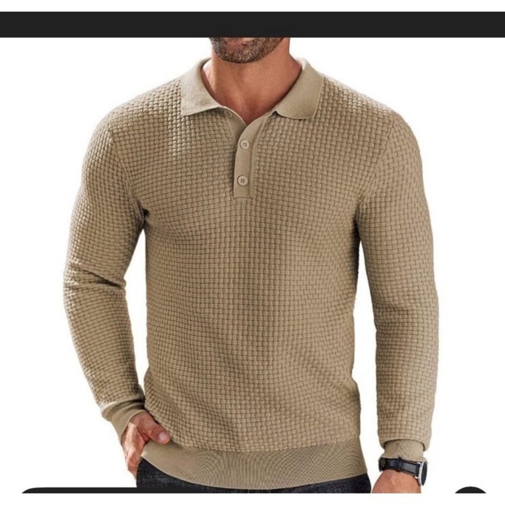 COOFANDY Men's Knit Long Sleeve Sweater Polo in khaki with a waffle texture‎ M